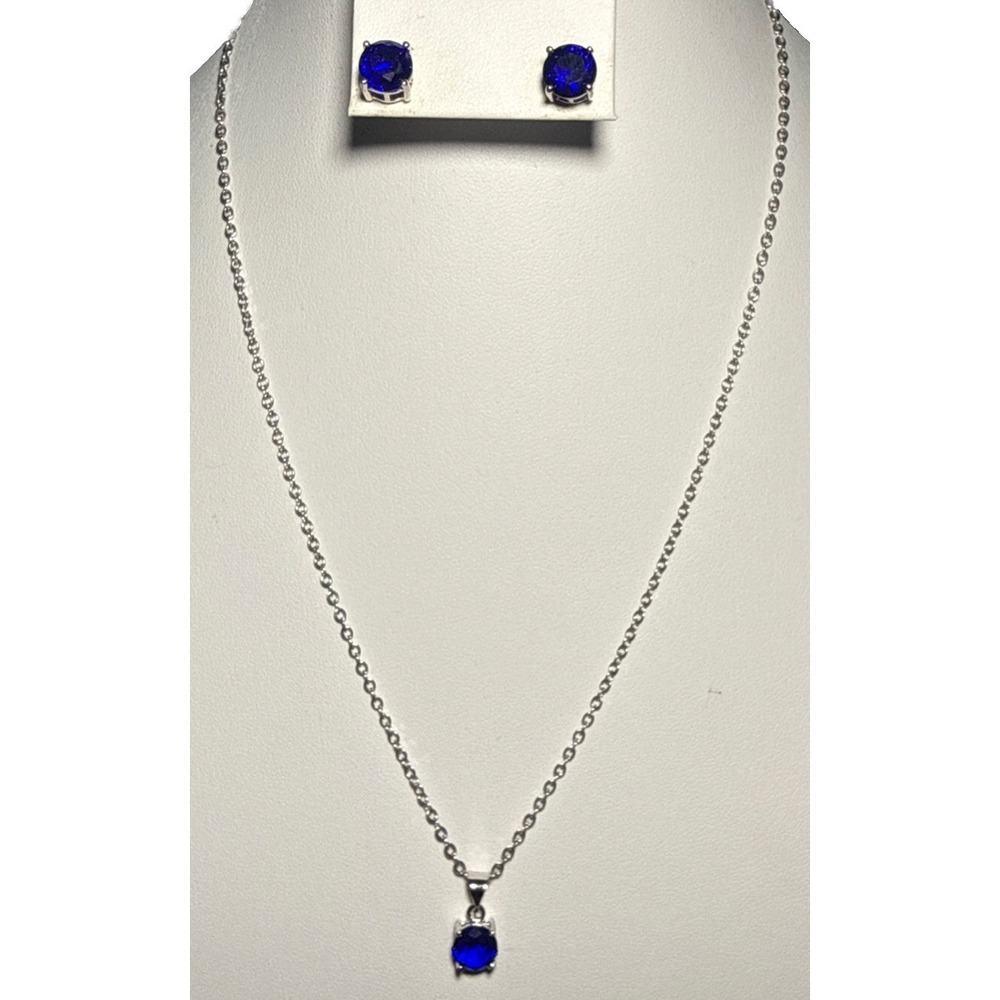 925‎ Sterling Silver Cobalt Blue Rhinestone Stud Earrings and Necklace Set J-11E